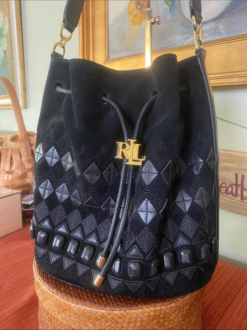 Lauren Ralph Lauren Fair Isle Black Suede Andie Drawstring Bucket Bag